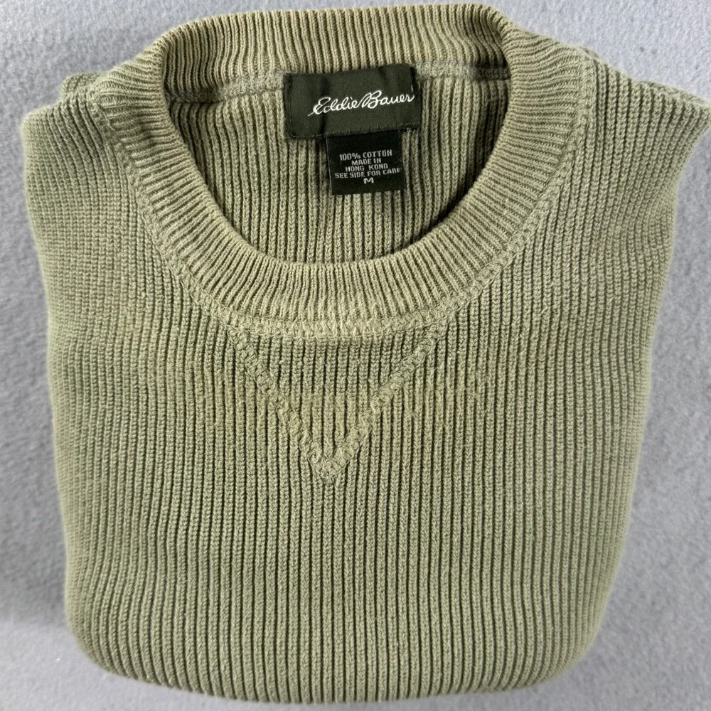 VTG 90s Eddie Bauer Mens M Ribbed  Crewneck Cotton Sweater Olive Green Hong Kong
